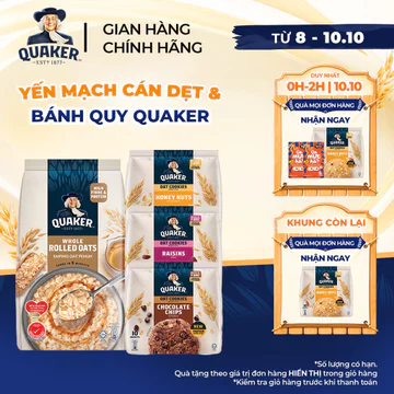 Combo Yến Mạch Cán Dẹt QUAKER 800G +Bánh Quy Yến Mạch QUAKER 250G Hương Socola/Hạnh Nhân Mật Ong/Nho Khô