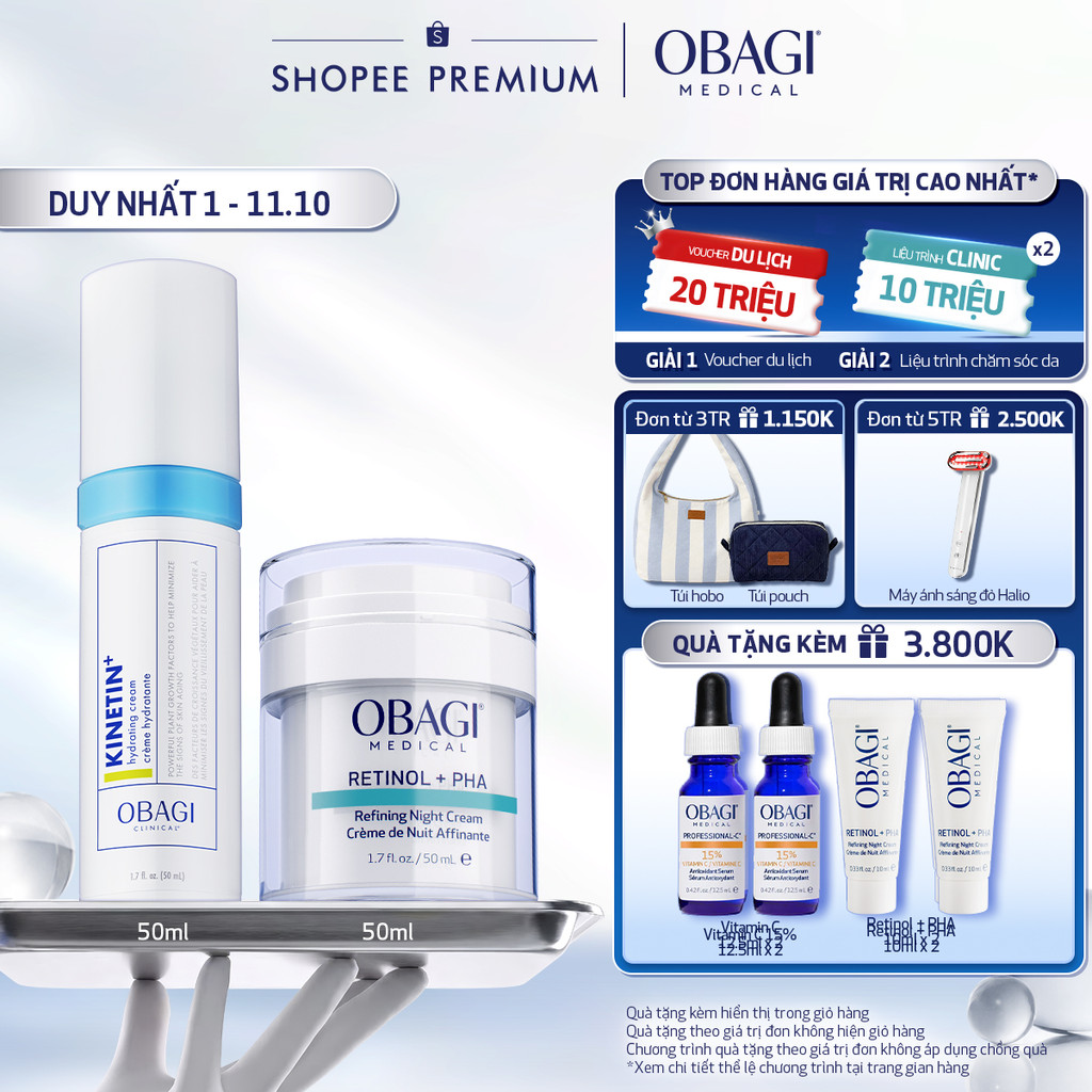 Bộ đôi Kem Dưỡng Đêm Obagi Retinol + PHA 50ml và Kem Dưỡng Dịu Da Kinetin+ Hydrating 50ml