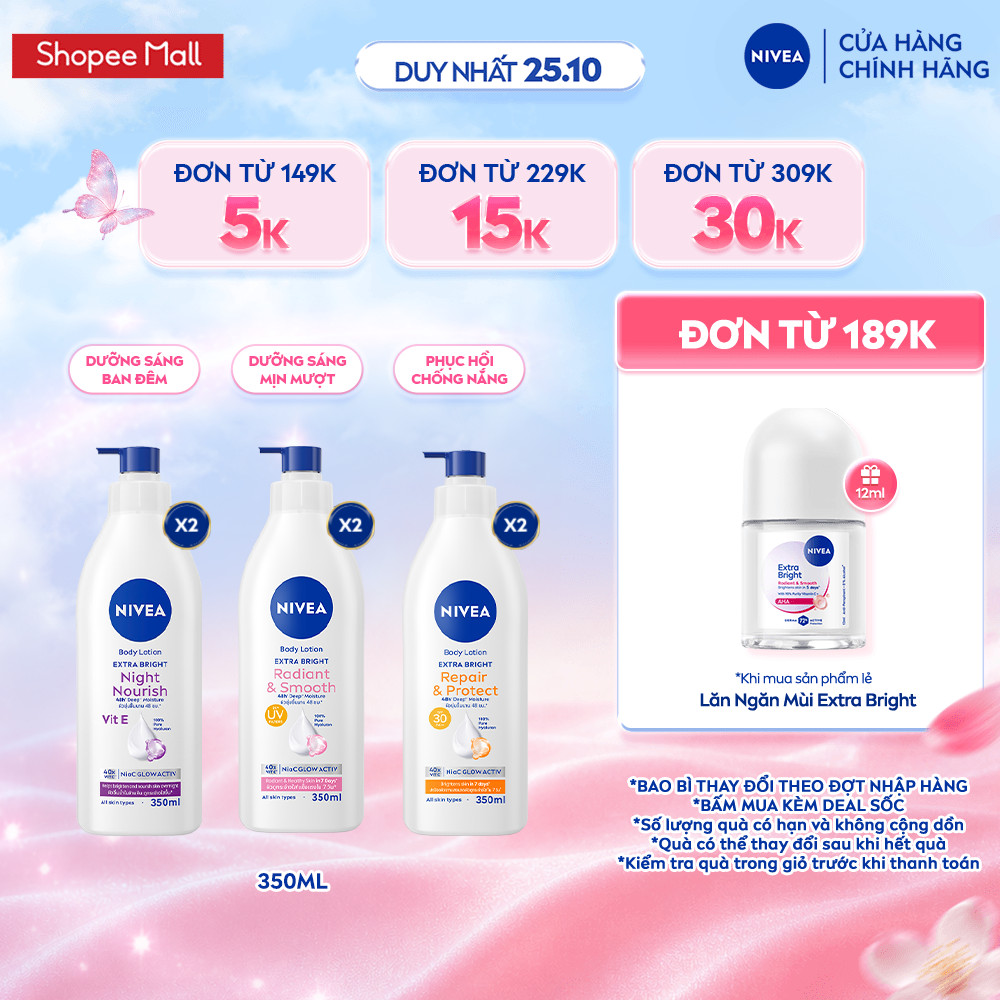 Bộ 2 Sữa Dưỡng Thể NIVEA Extra Bright Dưỡng Da Sáng Mịn Sau 7 Ngày 350ml -  88311x2/98413x2/98412x2