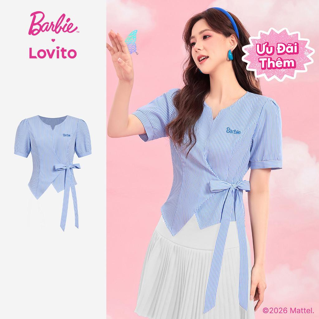 Barbie™ X Lovito thanh lịch Áo blouse nữ thêu họa tiết buộc dây phía trước thiết kế bất đối xứng màu xanh dương và trắng phù hợp mùa Xuân/Hè BLBL4PAD011