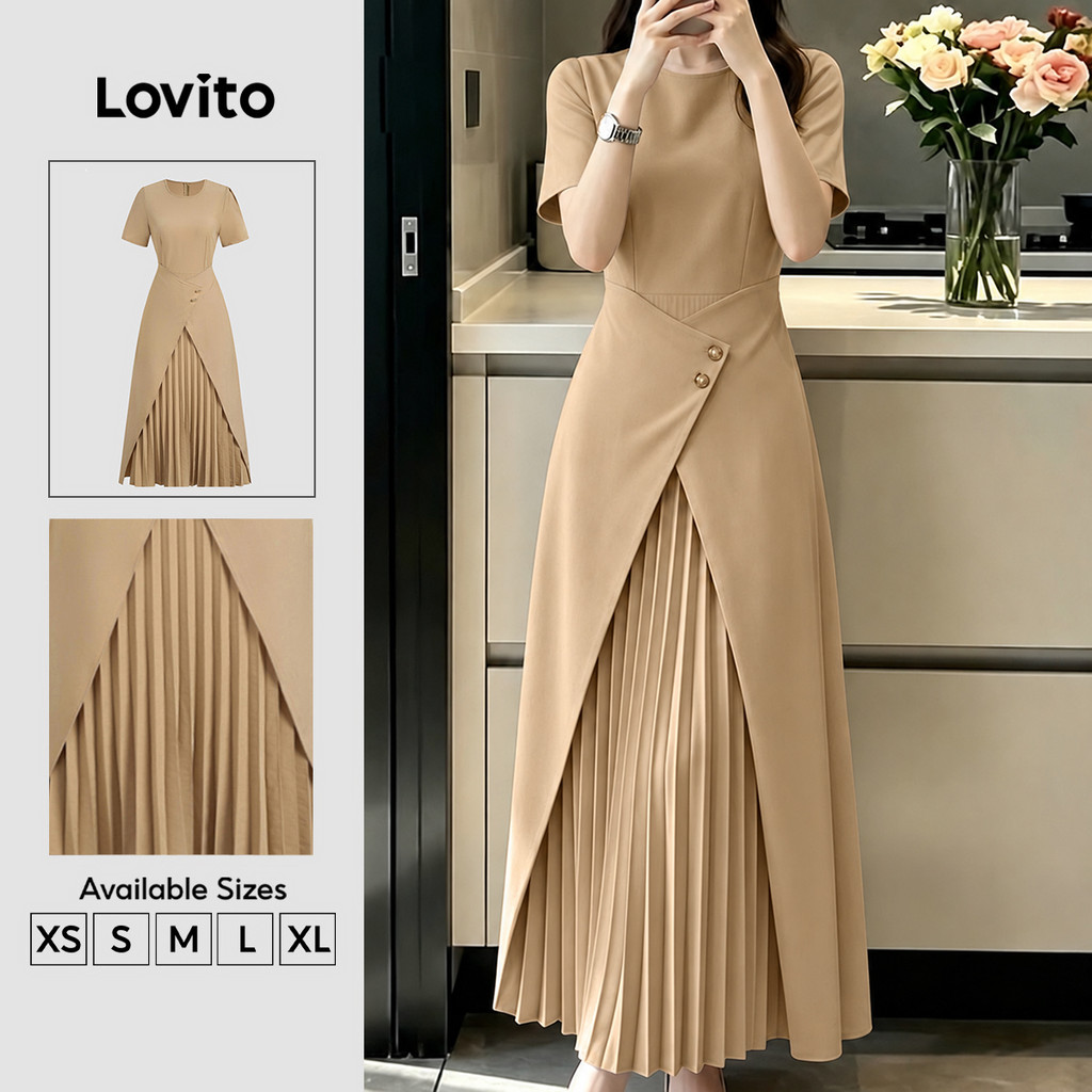 Đầm nữ Lovito kaki xuân hè xếp ly đắp thanh lịch DRB202P2D582