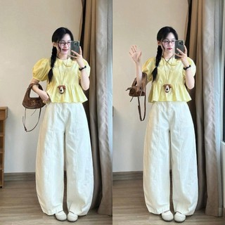 Quần kaki gió nữ ống rộng basic form suông Retrostyle có chun lưng Quankaki441