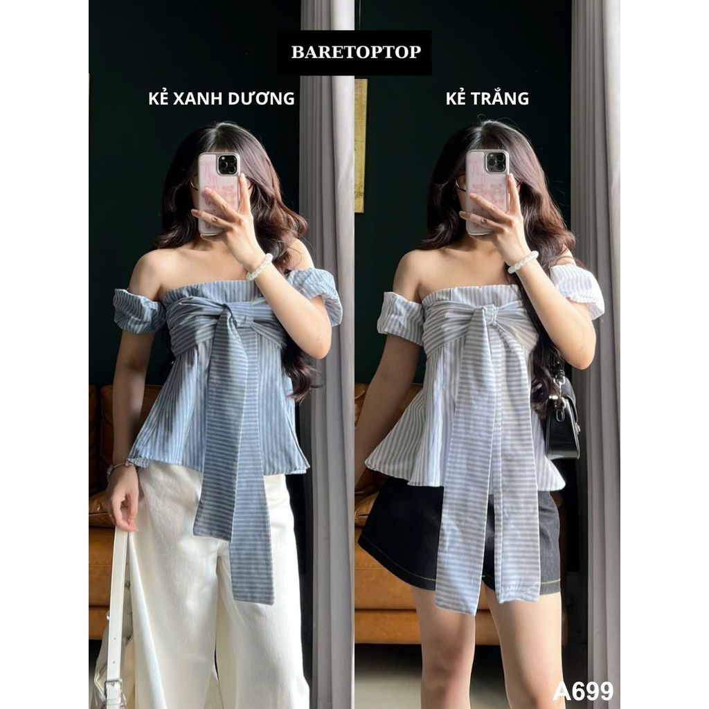 Áo kẻ trễ vai thắt dây ngực chiết eo tay bo chun mặc được nhiều kiểu (có cúc tháo rời) IVORY TOP_A699