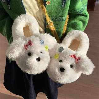 XIXITIAO Dép bông nữ mùa đông, dễ thương hình chó Teddy, giữ ấm, thoải mái cho phòng ngủ tại nhà