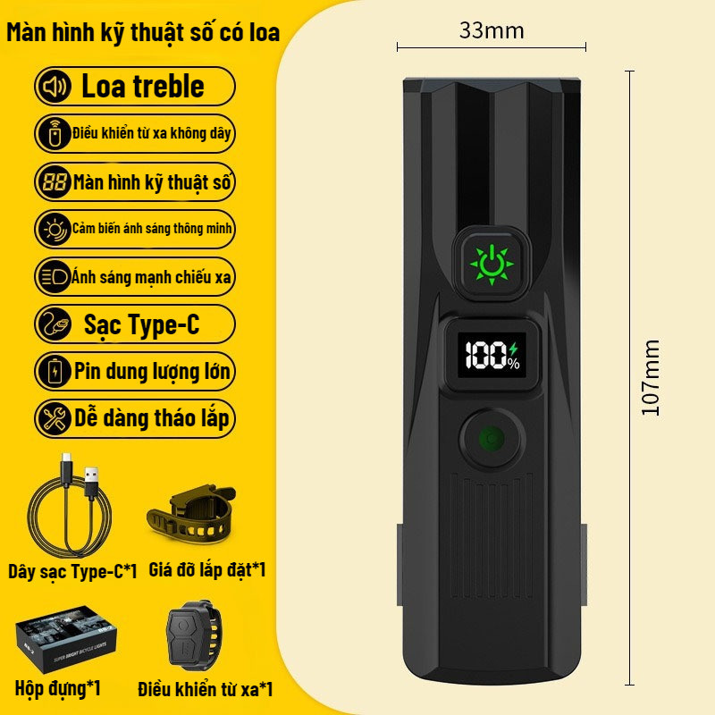 Đèn xe đạp kèm còi siêu sáng không dây, cảm ứng ánh sáng, màn hình LCD, sạc type C, Đồ Dùng, Cho Việcđạp Xe Ban đêm