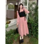 đầm xinh hồng tay dài polo nữ vintage pháp dáng dài tiệc sang trọng đầm công sở trẻ trung suông hack dáng