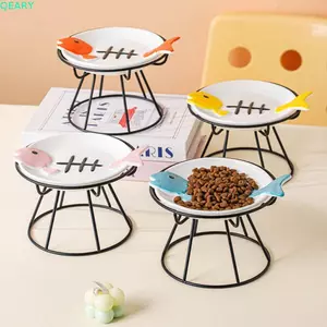 Bát cho mèo nâng cao QEARY, Bát nước thức ăn cho thú cưng chống rung xương cá, dễ dàng làm sạch bằng gốm có thể tháo rời có chân đế Thức ăn khô ướt cho thú cưng