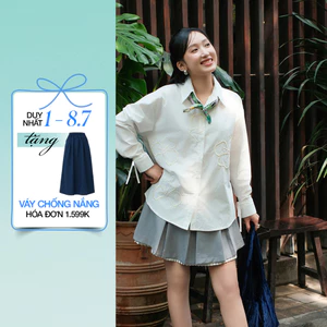 Áo sơ mi form suông rộng Gmorning - GUMAC tay dài có thêu hoa măng set kiểu dây cột nơ YAG01083