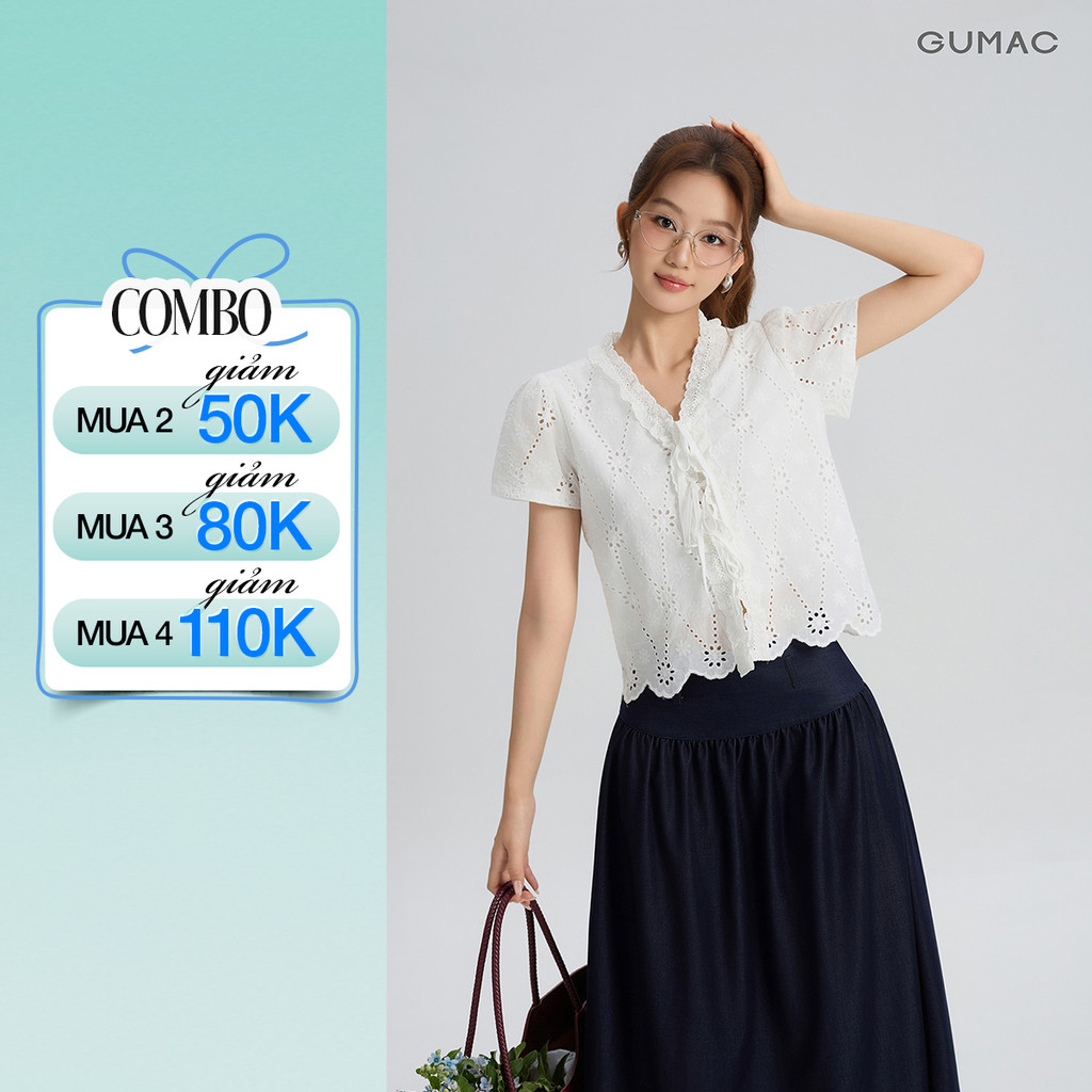 Áo Kiểu Nữ Gmorning - GUMAC Form Suông Lửng Cổ V Phối Ren Thanh Lịch Hiện Đại YAG05062