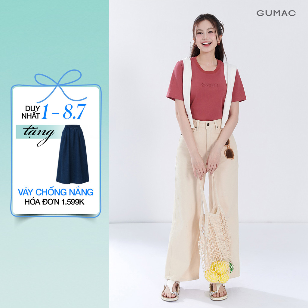 Quần jeans nữ GUMAC suông màu be denim mềm dày dặn thoáng mát thoải mái LQJG06096