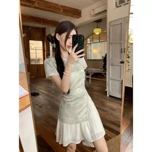 Đầm ngắn tay phong cách Trung Quốc mới dành cho nữ Mùa hè Phong cách mới Giả hai mảnh Khâu không đều Cảm giác mát mẻ Cải thiện Sườn xám