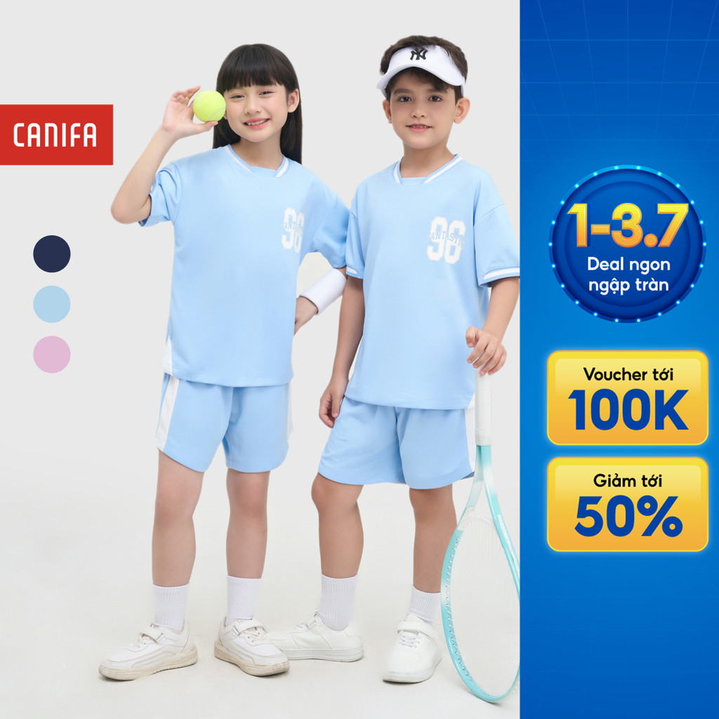 Bộ quần áo active unisex trẻ em CANIFA cổ V tay ngắn phối màu có hình in dáng thể thao năng động 3ST25S003