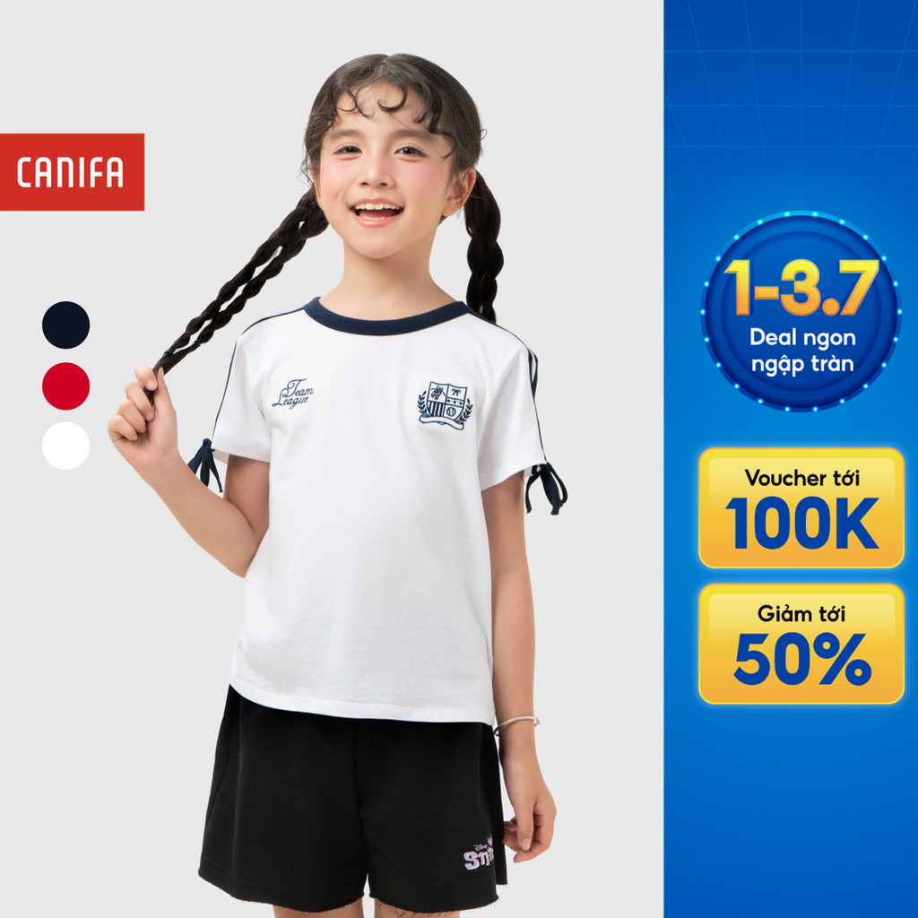 Áo phông bé gái CANIFA cổ tròn ngắn tay phối nơ cách điệu 1TS26S017