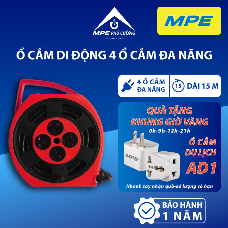 (CHÍNH HÃNG) MPE - Ổ cắm di động 4 ổ cắm đơn đa năng dây dài 10m - 15m an toàn Chính hãng MPE Phú Cường