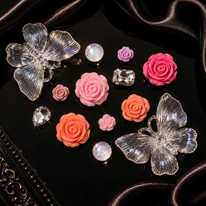 Set Charm Bướm Pha Lê Hoa Hồng Resin Cao Cấp – Crystal Butterfly Rose Luxury Collection Trang Trí Dép Cute