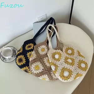 Túi dệt kim móc FUJIOU, Túi đeo vai Boho giải trí hoa, Túi Tote nữ cỡ lớn thủ công hợp thời trang dành cho nữ / bé gái