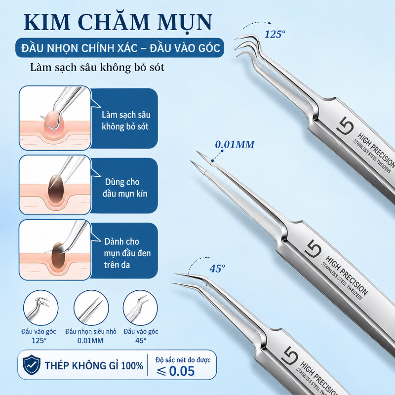 Nhíp Gắp Mụn Đầu Đen Chuyên Nghiệp – Bộ 3/8 Món Thép Không Gỉ, Làm Sạch Sâu, Nặn Mụn & Gắp Mụn Hiệu Quả, Không Đau
