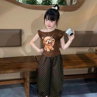 S330-[tomnaukids] Set áo lệch ép hình cún phối quần chấm bi bo chun cho bé gái size từ 8-35Kg