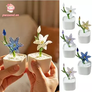 Bó hoa thủy tinh mini PWSSEND kèm chậu, hoa thủy tinh thổi thủ công, hoa ly quà tặng Ngày của Mẹ, tượng điêu khắc hoa trang trí đám cưới