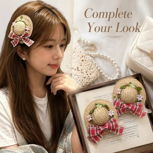 Vintage Kẻ Sọc Nơ Mũ Rơm Tóc Barrette Handmade Dệt Hoa Nhỏ Trang Trí Ánh Sáng Mùa Hè Tóc Cho Nữ Kiểu Dáng Thường Ngày