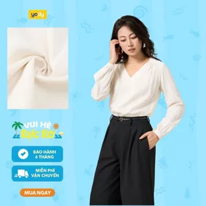 Áo sơ mi nữ YODY dài tay dáng suông cổ tim nhún vai thanh lịch SMN7218