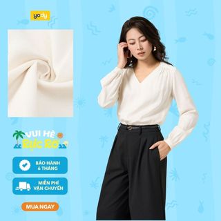 Áo sơ mi nữ YODY dài tay dáng suông cổ tim nhún vai thanh lịch SMN7218