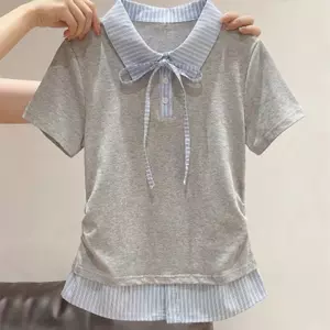 Áo sơ mi polo hai mảnh giả mùa hè Áo sơ mi polo vai thẳng thiết kế dành cho nữ Áo thun ngắn tay có dây buộc nơ
