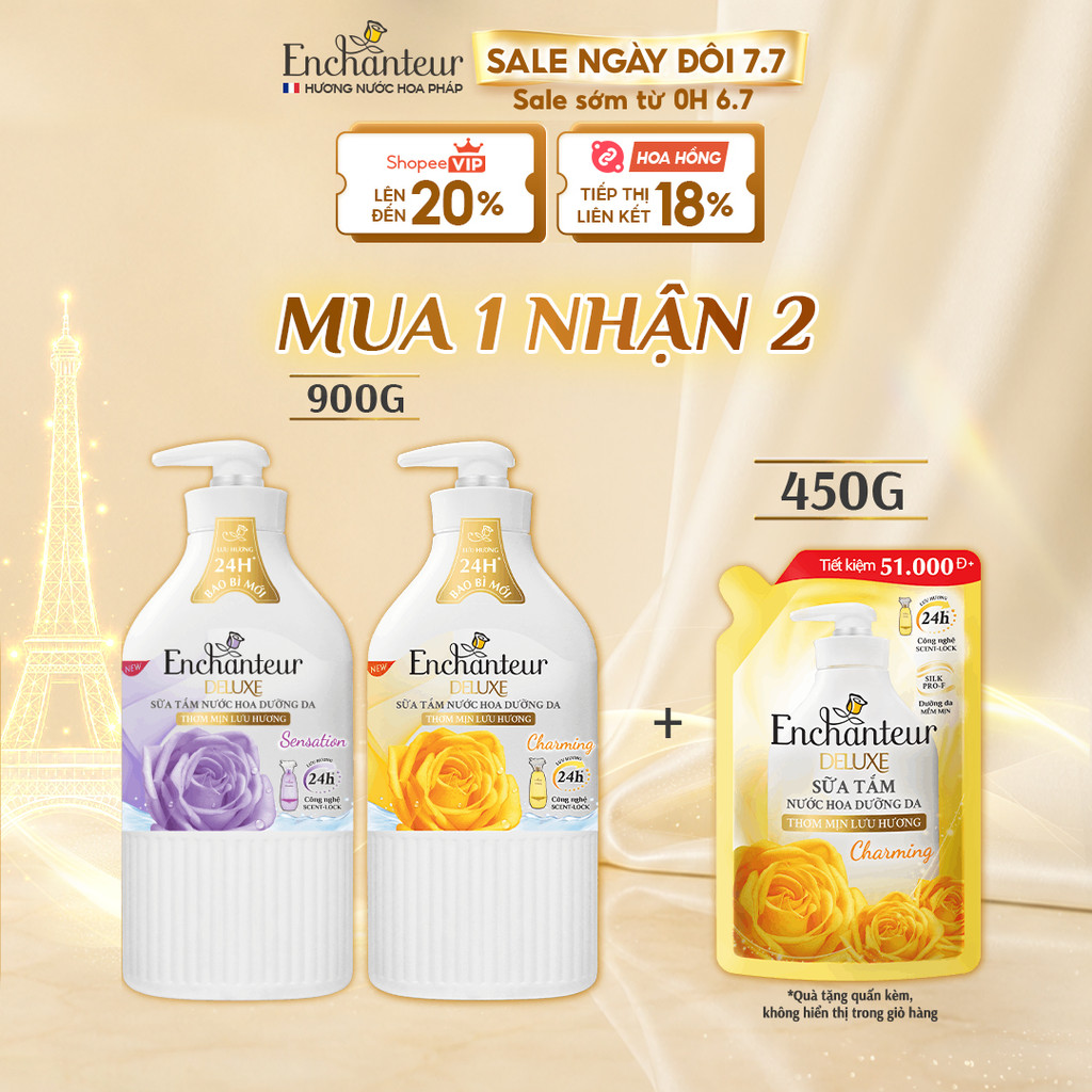 [TẶNG Túi 450G] Sữa tắm hương nước hoa Pháp Enchanteur Deluxe 900g - Mềm mịn như lụa Lưu hương 24H (Tặng mùi ngẫu nhiên)