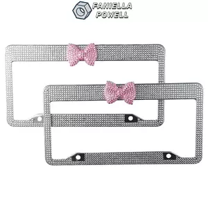 FANIELLAPOWELL 2 Gói Có Vỏ Biển Xe Thiết Kế Nơ, Khung Biển Số Bling Kim Cương Giả Màu Hồng, Trắng, Thép Không Gỉ, Giá Đỡ Giấy Phép acrylic Cho Xe Hoa Kỳ