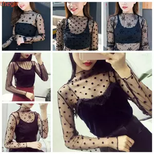 THEGIRL8B Áo ren, Lưới xuyên thấu Lưới lưới cá nữ, Áo sơ mi nữ dáng rộng hoa màu đen Áo thun trong suốt Câu lạc bộ mùa thu