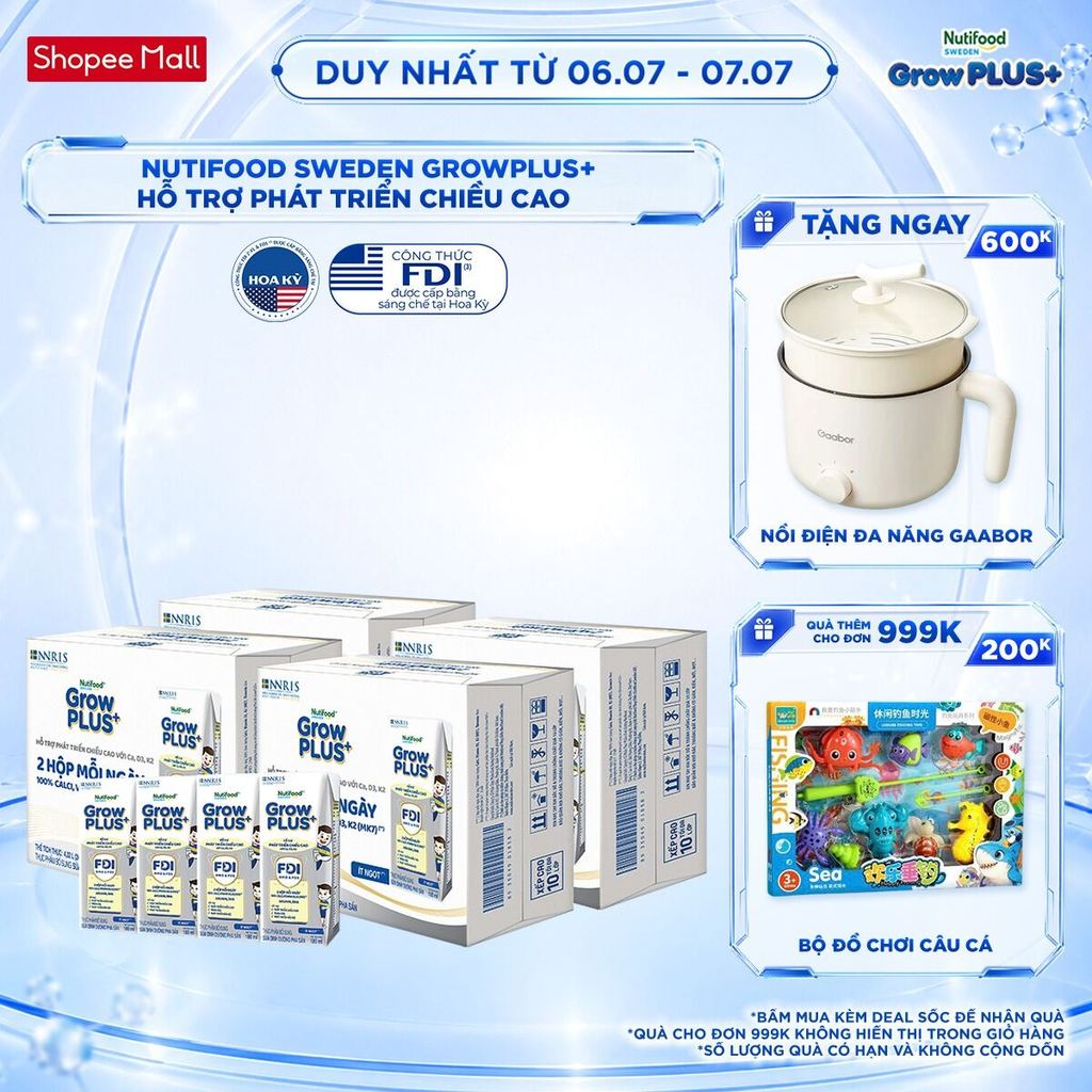 Combo 4 thùng 24 hộp Sữa Bột Pha Sẵn Nutifood Sweden GrowPLUS+ Cao lớn vượt trội 180 ml