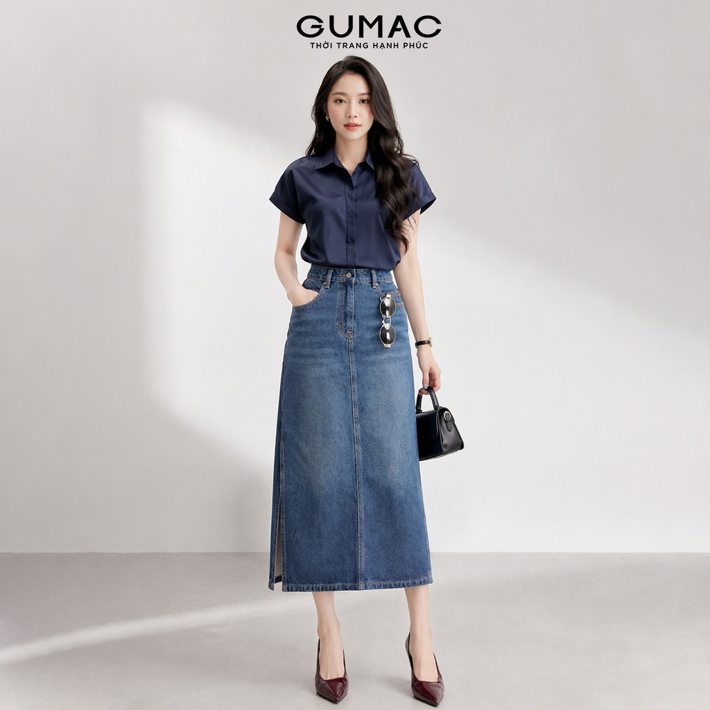 Chân Váy Jeans Midi GUMAC Dáng Suông Xẻ Sườn Chất Denim Mềm Dễ Phối VD12037