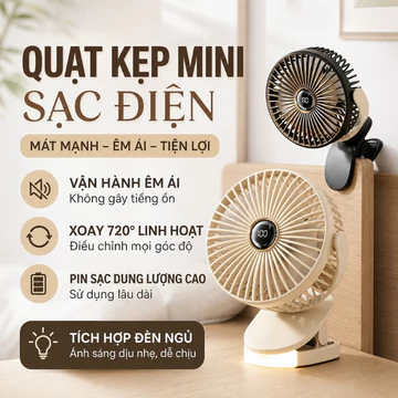 Quạt mini sạc được kẹp bàn, quạt xoay đa góc 720 độ, quạt có đèn ngủ, quạt nhỏ văn phòng phòng ngủ yên tĩnh