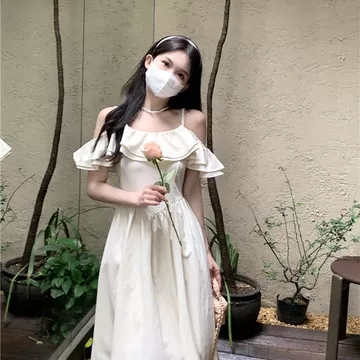 Váy dài thanh lịch dành cho nữ Váy phong cách tinh khiết Váy phong cách tình yêu đầu tiên Váy phong cách nhẹ nhàng Váy lệch vai Váy đeo chéo Váy phong cách cổ tích Váy xù Váy ngắn tay Váy chữ A