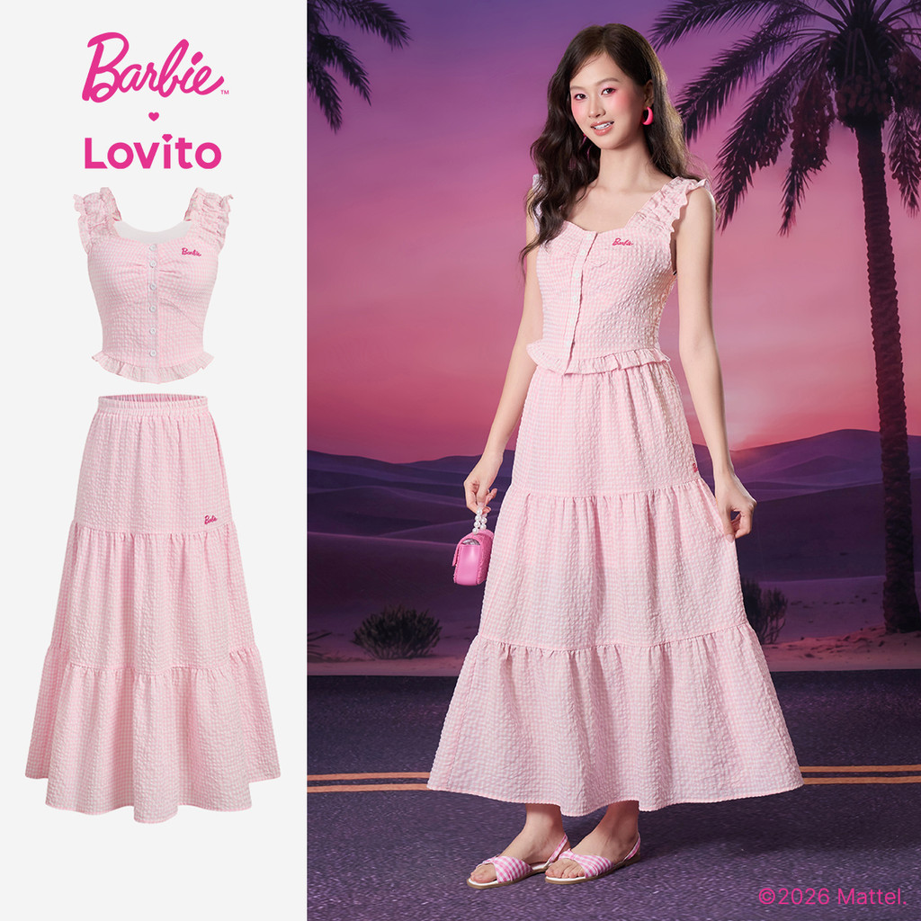 Barbie™ X Lovito Chân Váy Nữ Hồng Xuân/Hè Không Tay Cổ Vuông Eo Trung Dáng A Viền Lá Xà Lách Thêu Họa Tiết Nút Trước LBL5AD018