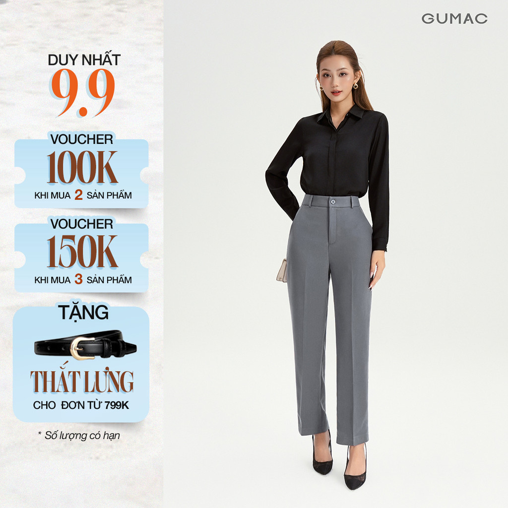 Quần Ống Đứng Nữ 95cm GUMAC Quần Tây Công Sở Lưng Cao Có Túi Vải Tuyết Mưa Cạp Cao Tôn Dáng LQF1002