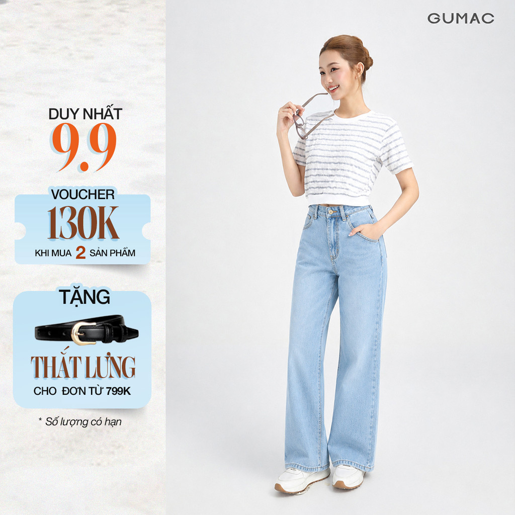 Quần Jeans Suông Nữ Gmorning - GUMAC Dài 95cm Denim Thêu Gmor Xanh Nhạt Tôn Dáng YQJE10080