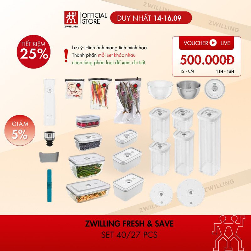 Bộ hút chân không ZWILLING Fresh & Save bảo quản thực phẩm 40-33-30-16 món (máy, hộp, túi, nắp)