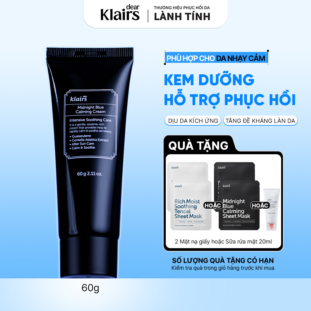 Kem dưỡng da Dear, Klairs Midnight Blue Calming Cream hỗ trợ cấp ẩm và phục hồi cho da 60g [FS]
