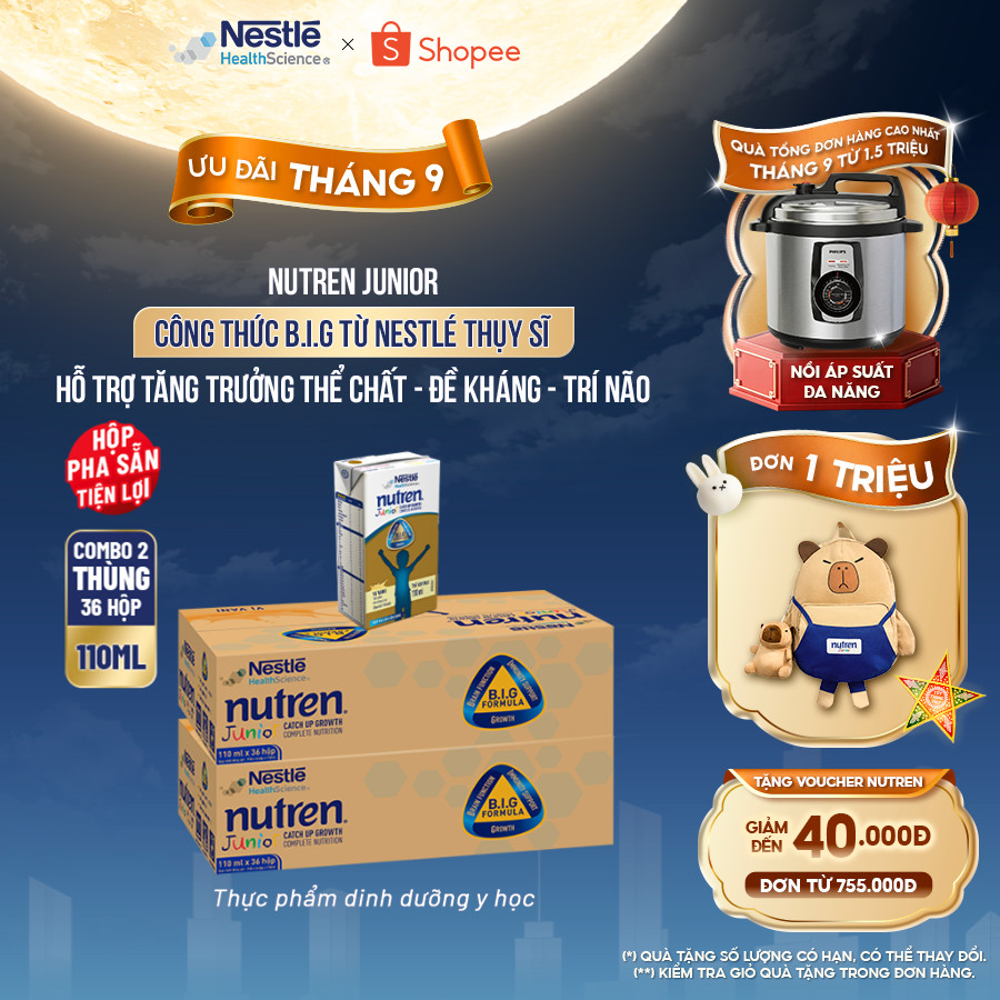 Bộ 2 Thùng 36 Hộp Sữa Pha Sẵn NESTLÉ NUTREN JUNIOR Thụy Sĩ Công Thức BIG Tăng Trưởng 110ML