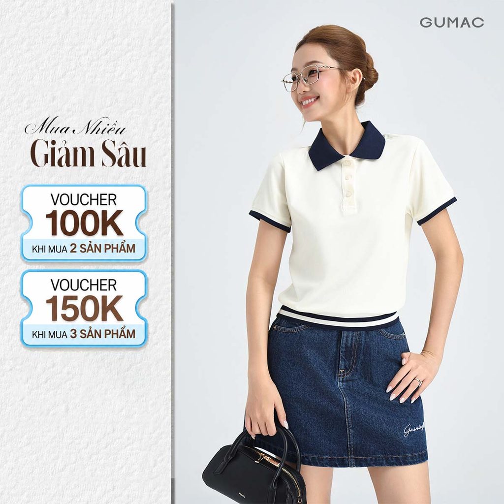 Áo Polo Nữ GUMAC Form Lửng Chất Thun Tổ Ong Bo Tay Phối Kiểu Sọc Thoáng Mát Trẻ Trung APG01024