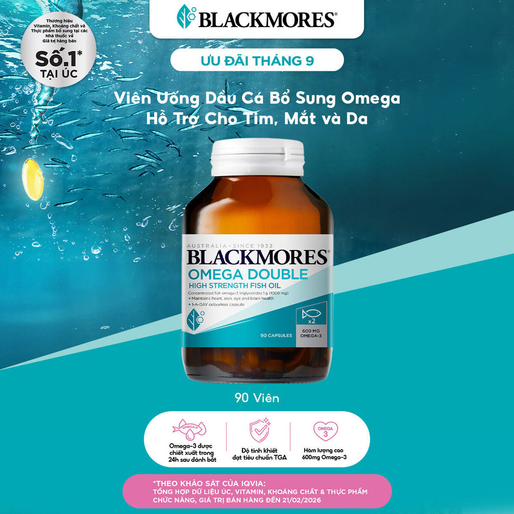 Viên Uống Dầu Cá Bổ Sung Omega Hỗ Trợ Cho Tim, Mắt, Da Blackmores Double Omega High Strength Lọ 90 Viên