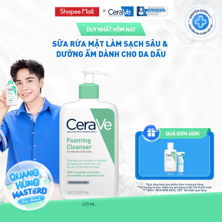 Sữa rửa mặt foaming giúp làm sạch sâu và dưỡng ẩm dịu nhẹ dành cho da dầu - CeraVe Foaming Facial Cleanser 473ML