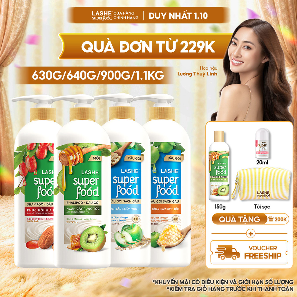 Dầu Gội LASHE SUPERFOOD Ngăn Gãy Rụng Tóc/Phục Hồi Hư Tổn /Sạch Gàu Giảm Rụng /Sạch Gàu Mềm Mượt 300G/ 640G/ 630G/ 1.1KG