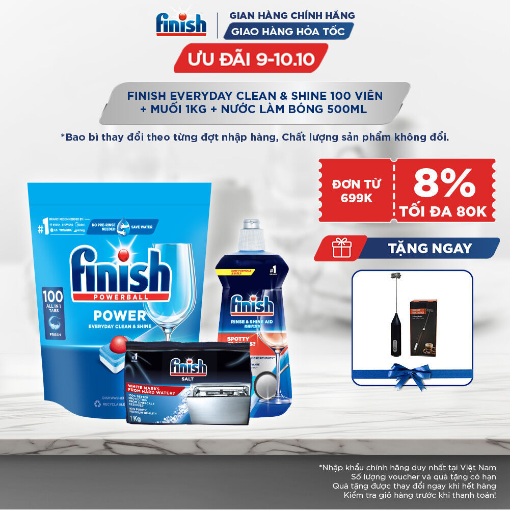 Combo Finish siêu cấp: Everyday Shine & Clean 100v + Nước Làm Bóng Finish 500ml + Muối Rửa Chén Finish Salt túi 1kg