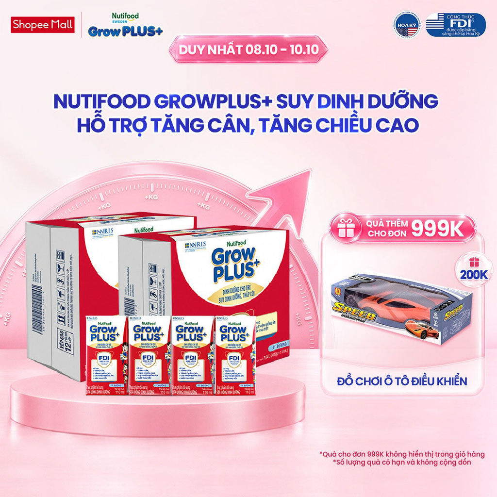 Combo 2 Thùng 24 SBPS Nutifood GrowPLUS+ Suy Dinh Dưỡng Ít đường 110ml - Tăng Cân, Tăng Chiều Cao (Bao bì tùy lô hàng)