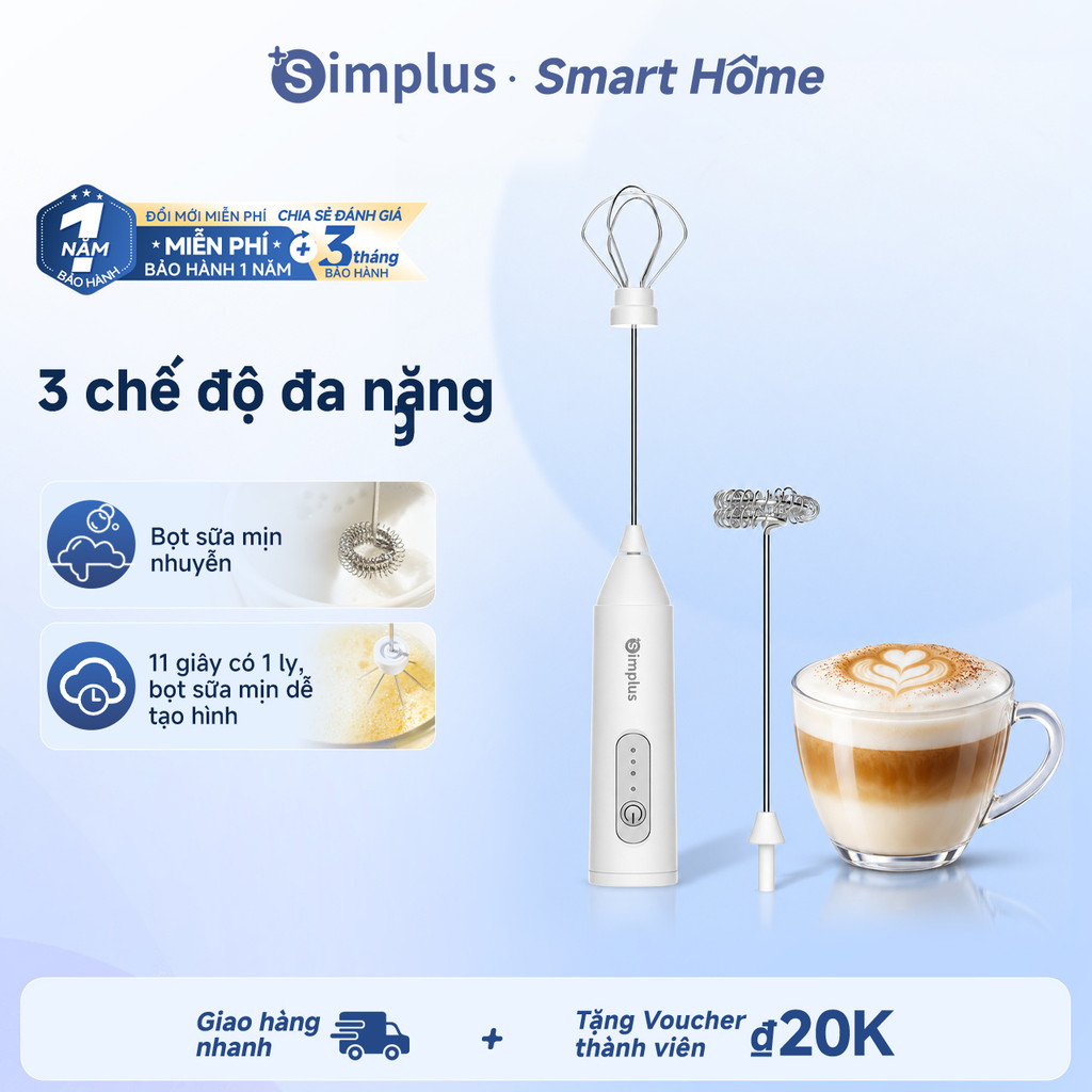 Simplus Máy đánh trứng tạo bọt sữa đa năng thời gian dùng liên tục lâu 2 que đánh inox 304 3 mức tốc độ NPQH001