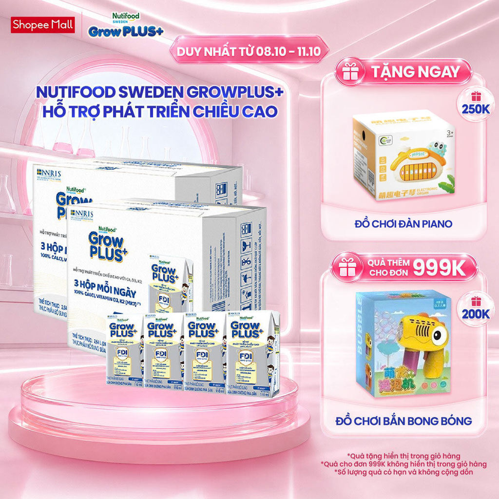 Combo 2 Thùng 24 Hộp Sữa Bột Pha Sẵn Nutifood Sweden GrowPLUS+ Cao lớn vượt trội hộp 110 ml