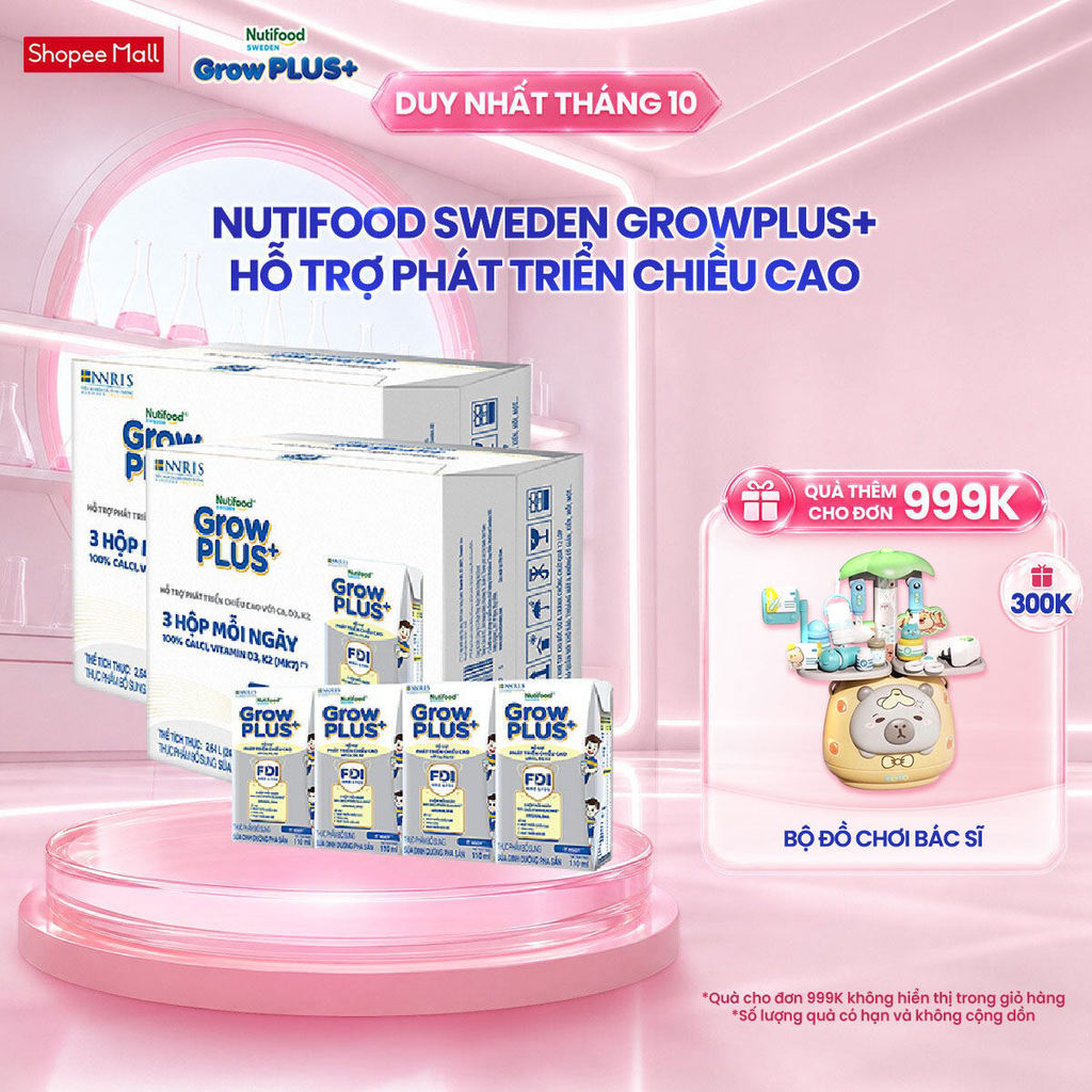 Combo 2 Thùng 24 Hộp Sữa Bột Pha Sẵn Nutifood Sweden GrowPLUS+ Cao lớn vượt trội hộp 110 ml