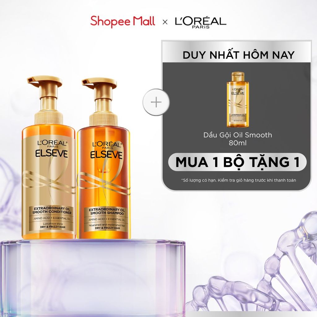 Bộ gội xả dưỡng tóc suôn mượt cao cấp L'Oreal Paris Extraordinary Oil Smooth 440ml x2